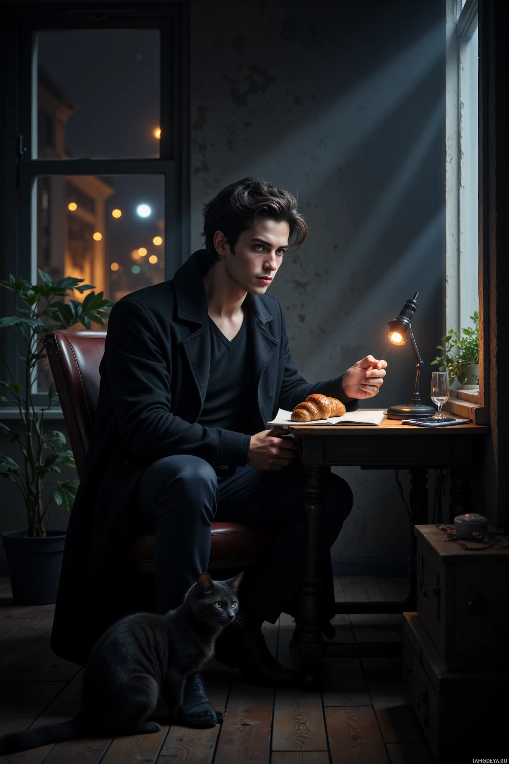 A man sits at a desk by a window, illuminated by a lamp, with a cat beside him.