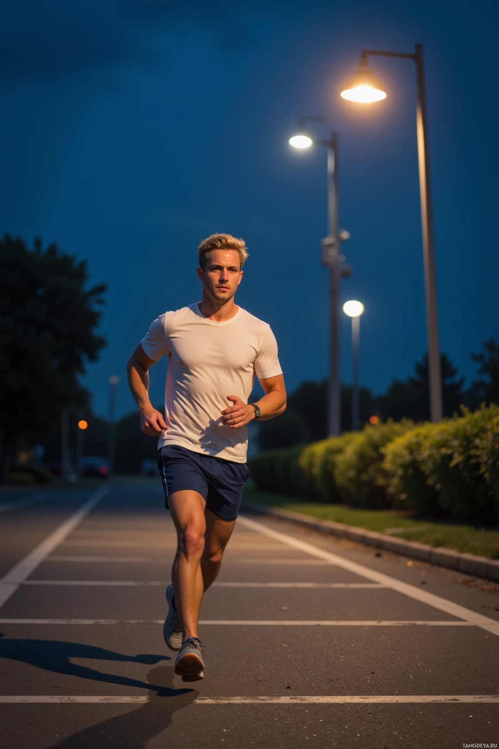 A man is jogging on a road at dusk under streetlights.