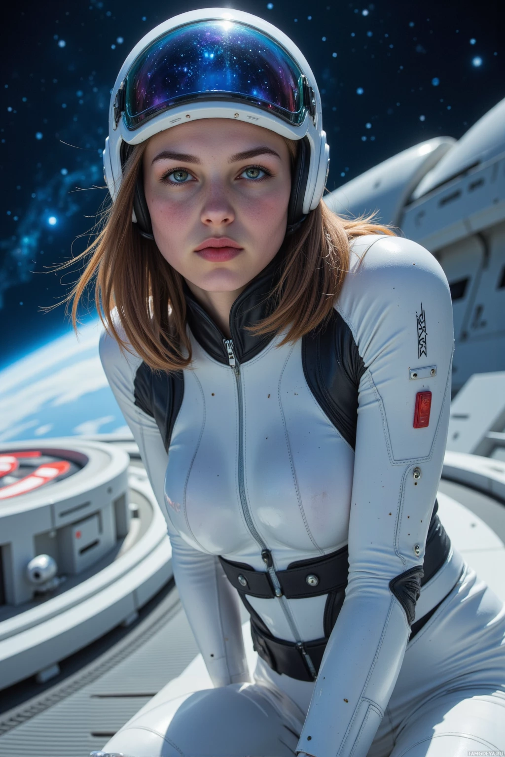 A person in a futuristic white spacesuit with a helmet, kneeling on a spacecraft.