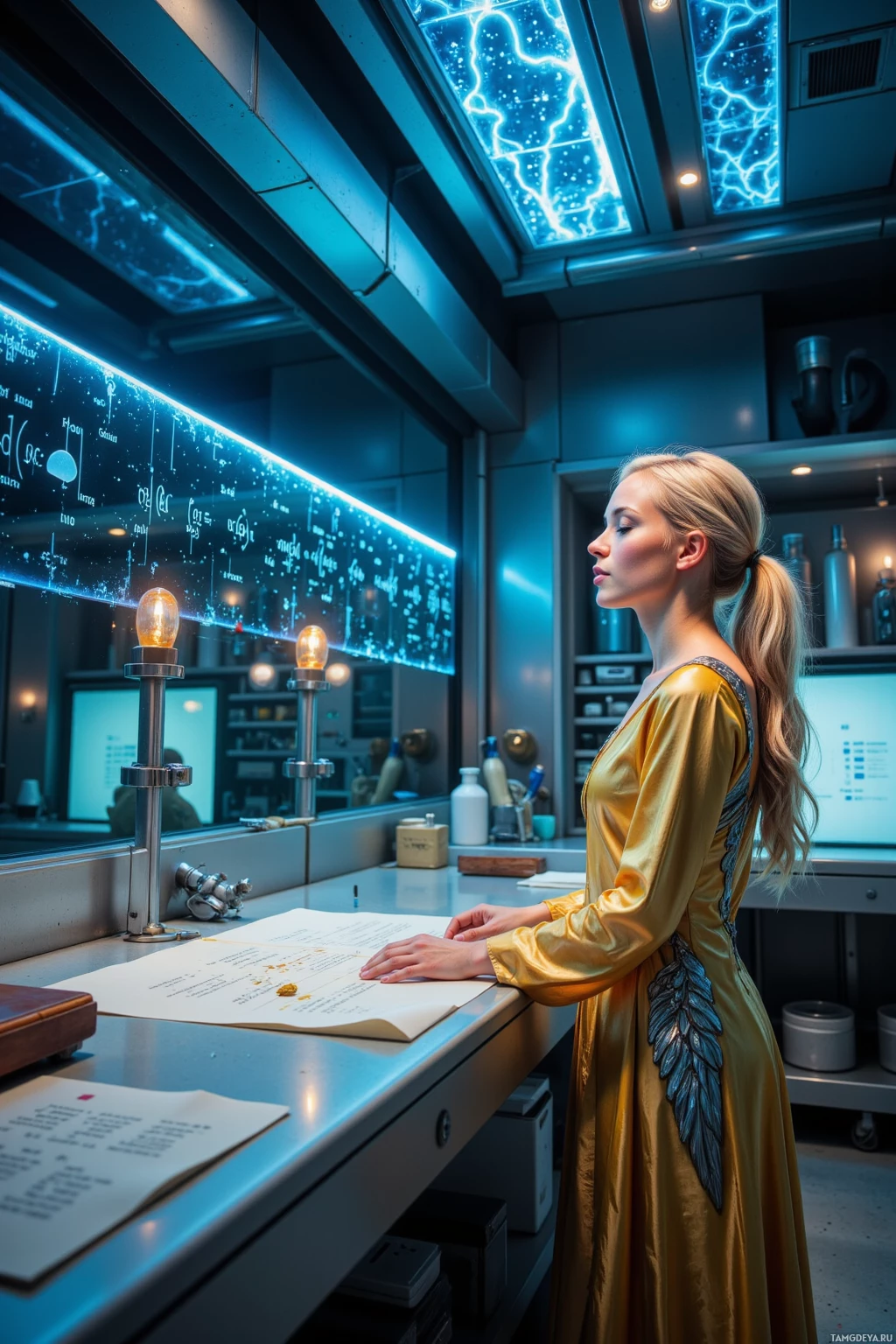 A woman in a golden dress stands in a laboratory, examining a document on a desk.