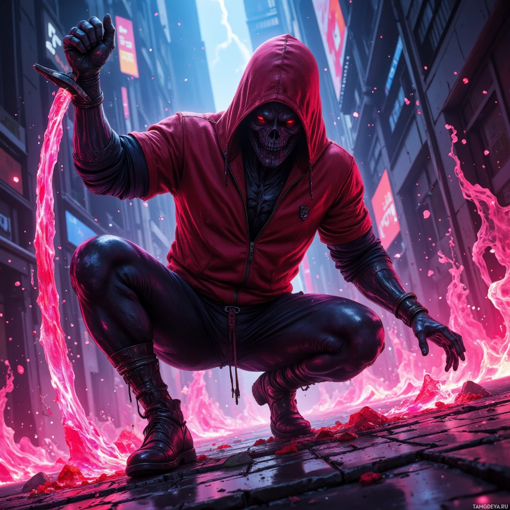 A hooded figure in a red outfit crouches amidst a cityscape with glowing red energy.
