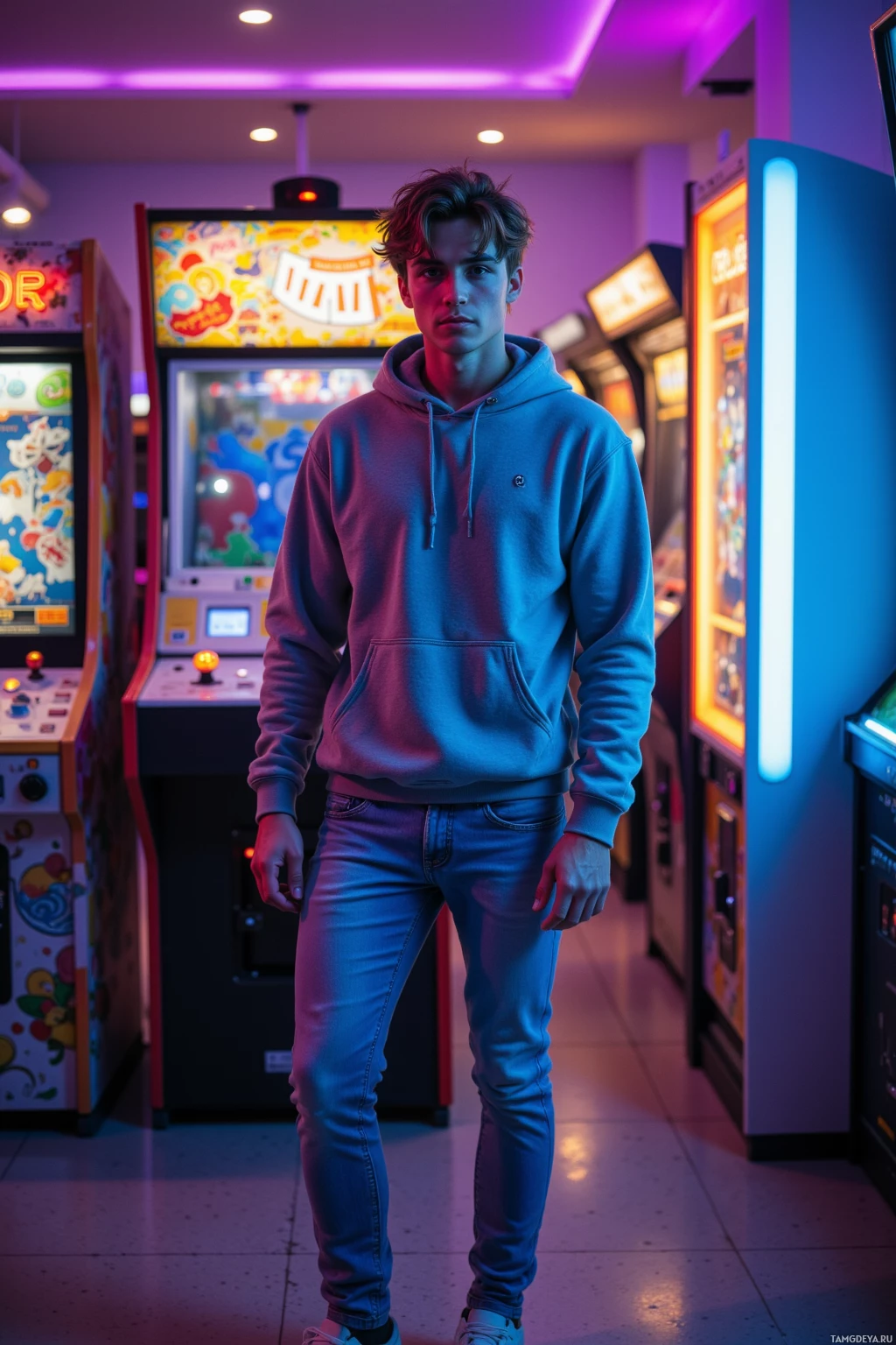 A person stands in an arcade with colorful neon lights and arcade machines in the background.