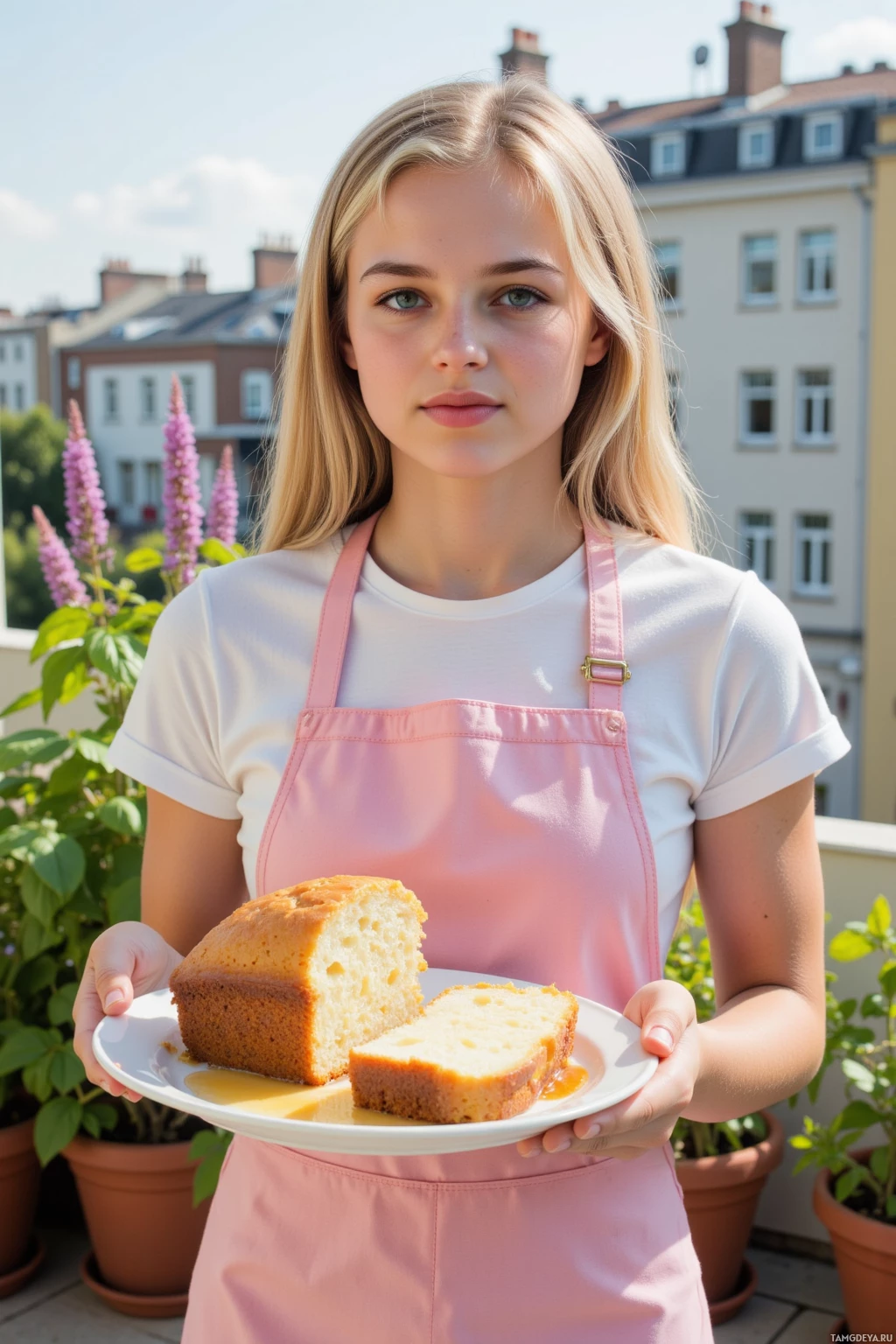 A person wearing an apron holds a plate with a cake and a slice of cake, standing outdoors with buildings and plants in the background.