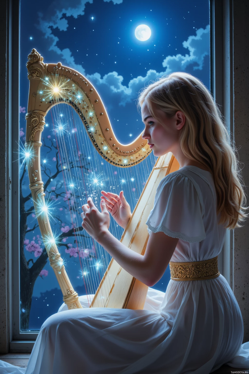 A woman plays a glowing harp by a window under a starry night sky.
