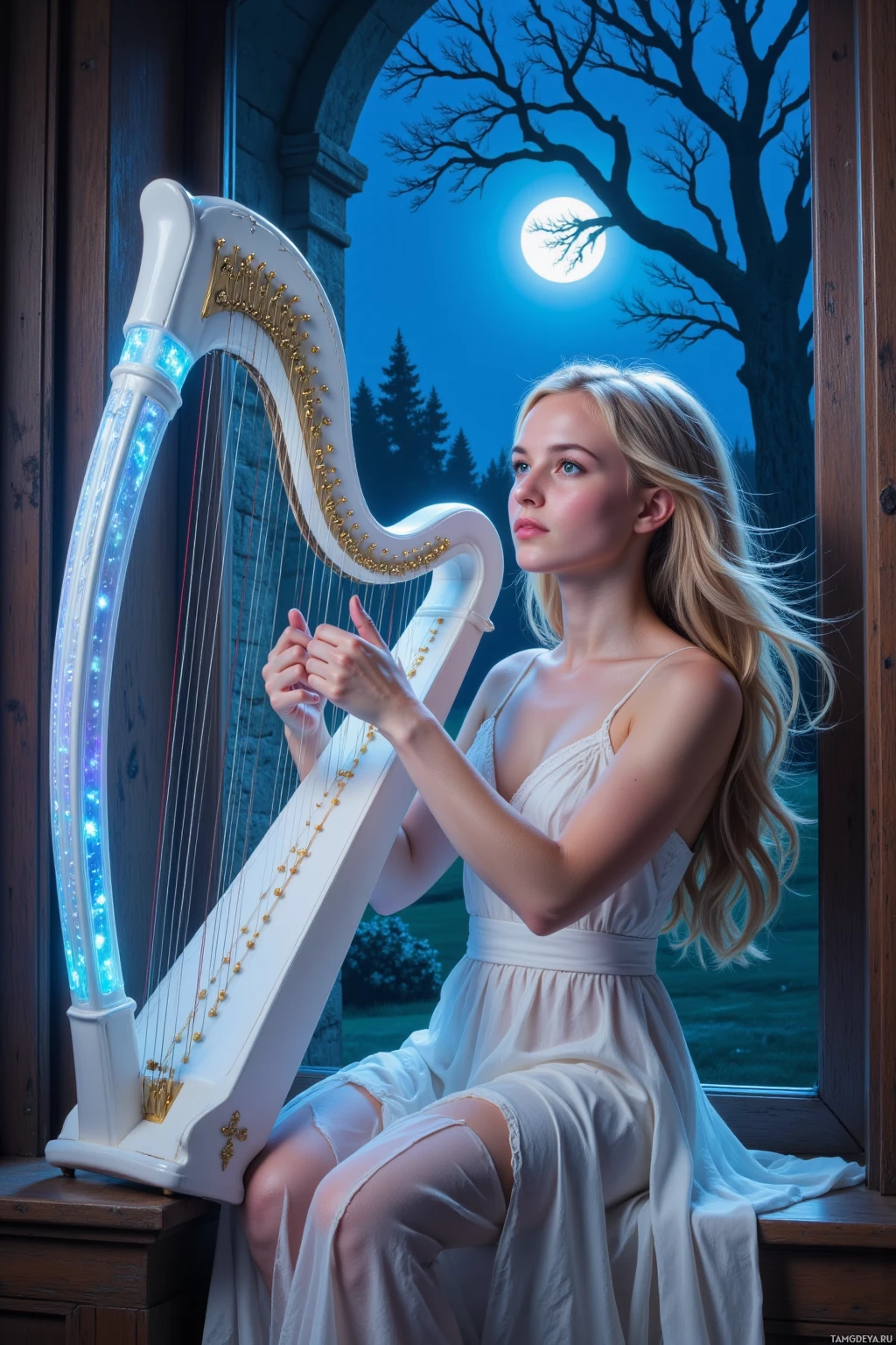 A woman in a white dress plays a glowing harp by a window with a night sky and full moon.