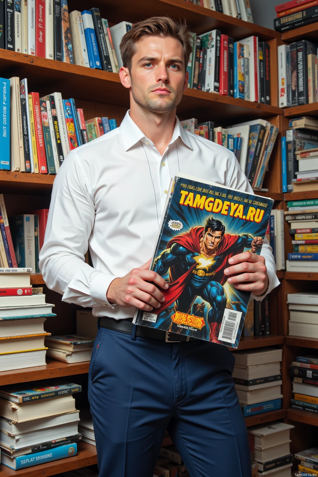 A man in a white shirt and blue pants holds a comic book in front of a bookshelf.