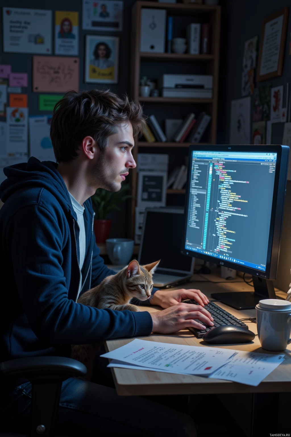 A person is working at a desk with a computer, surrounded by a cozy and organized workspace.