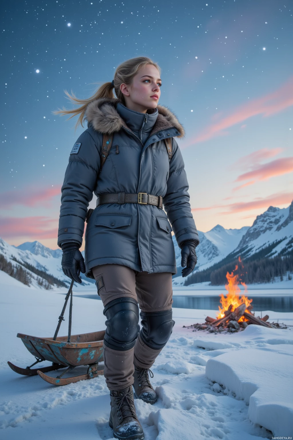 A person in winter attire stands near a campfire in a snowy landscape.