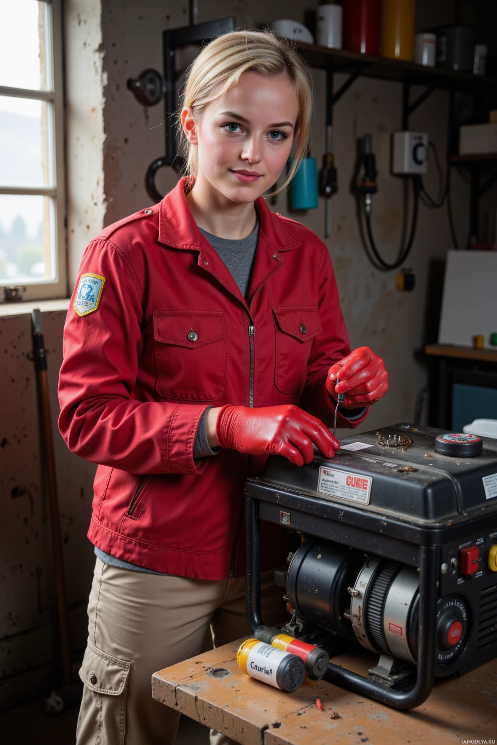 A person in a red jacket and gloves stands in a workshop, working on a generator.