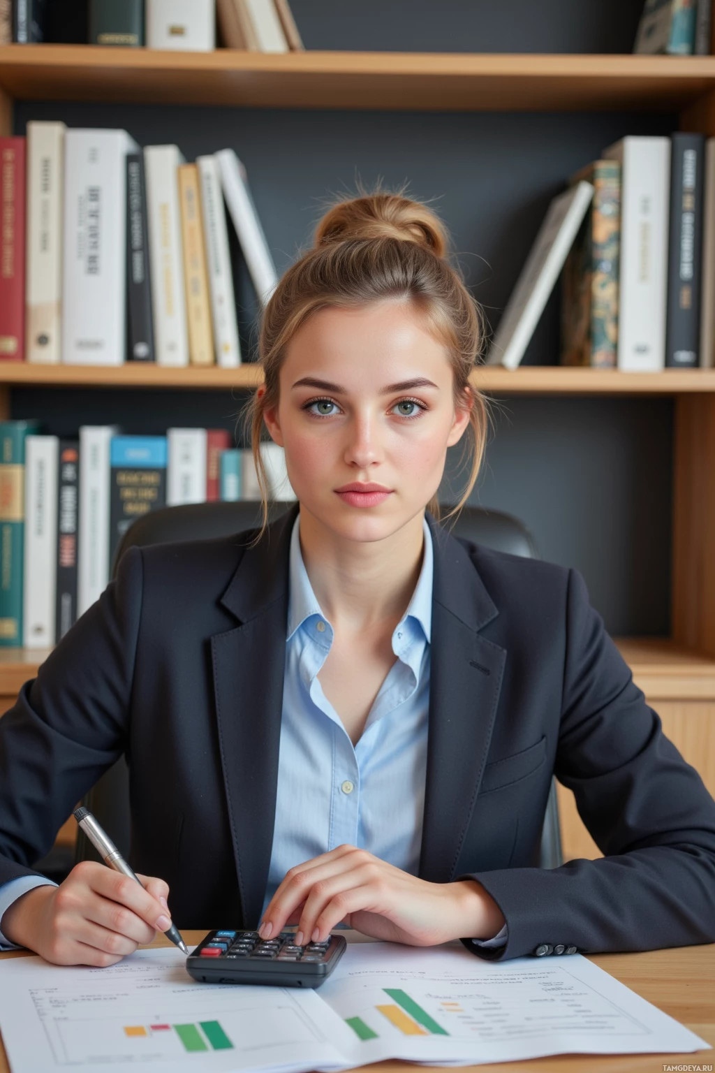 A woman in a professional setting, using a calculator and reviewing documents.