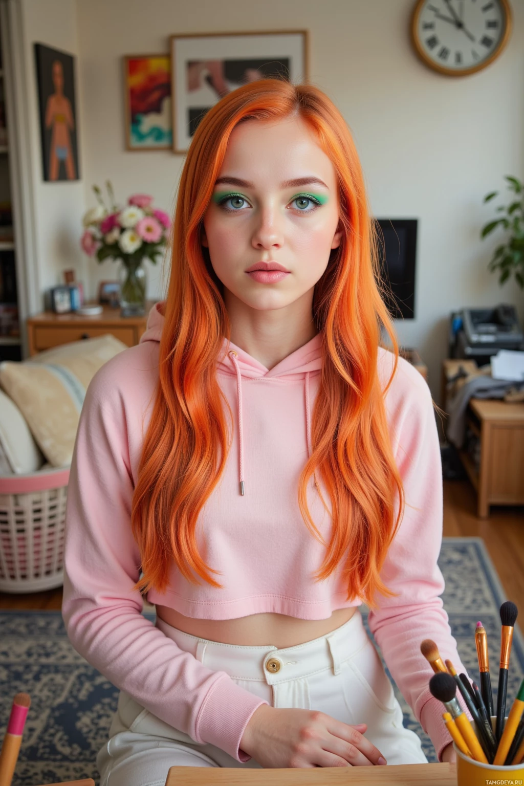A person with long orange hair wearing a pink hoodie and white pants sits at a desk with art supplies.