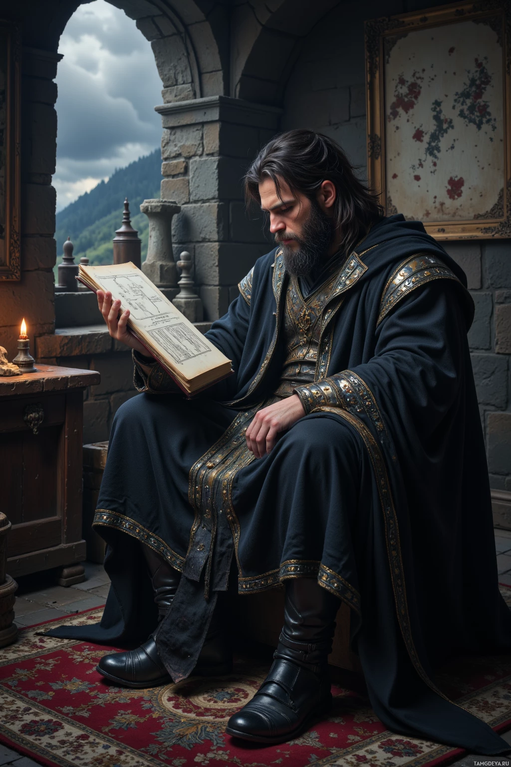 A man in medieval attire sits reading a book in a stone-walled room.