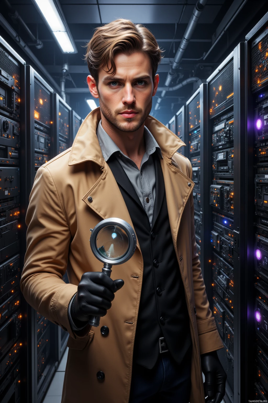 A man in a trench coat and gloves holds a magnifying glass in a server room.