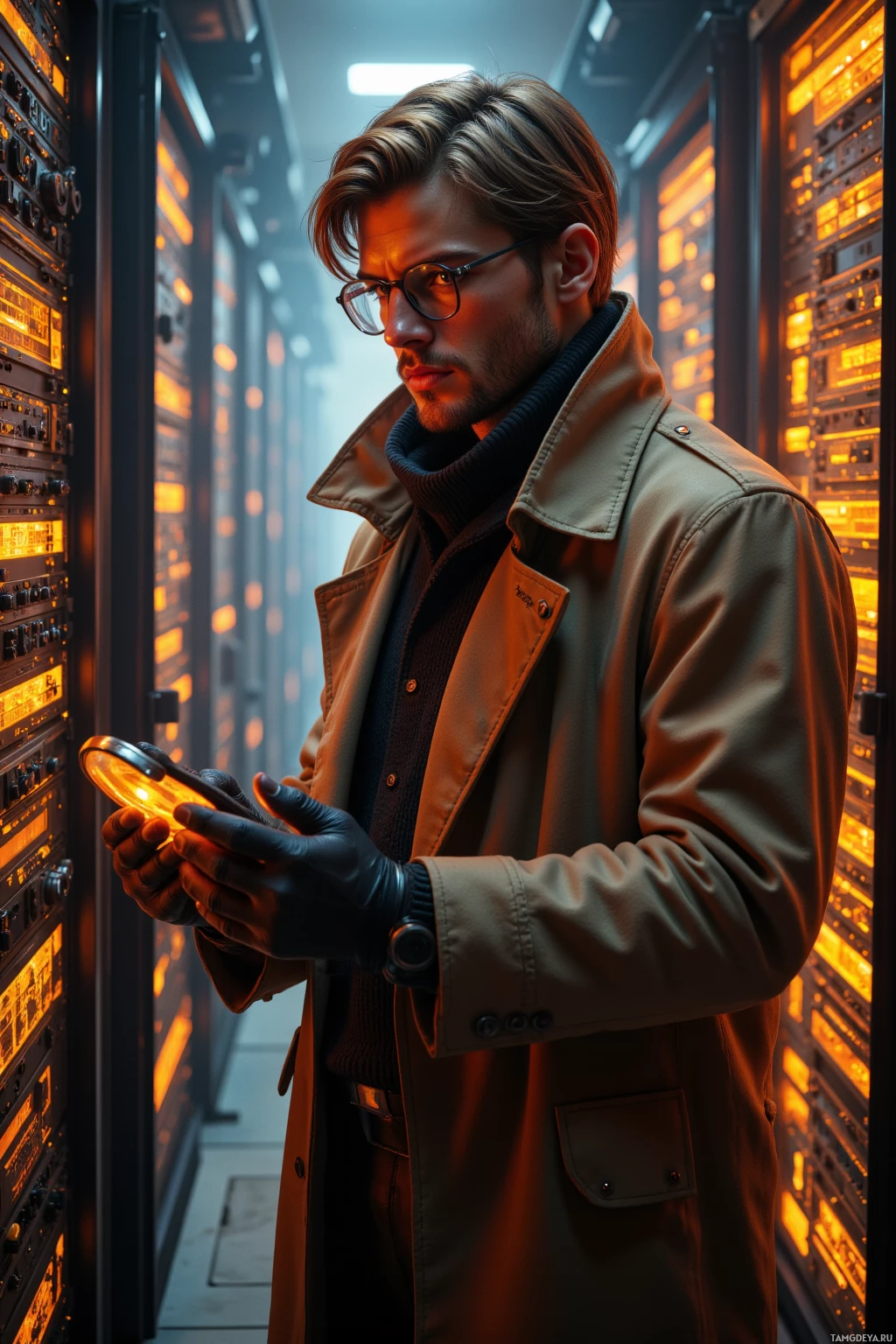 A man in a trench coat and gloves examines a device in a server room.