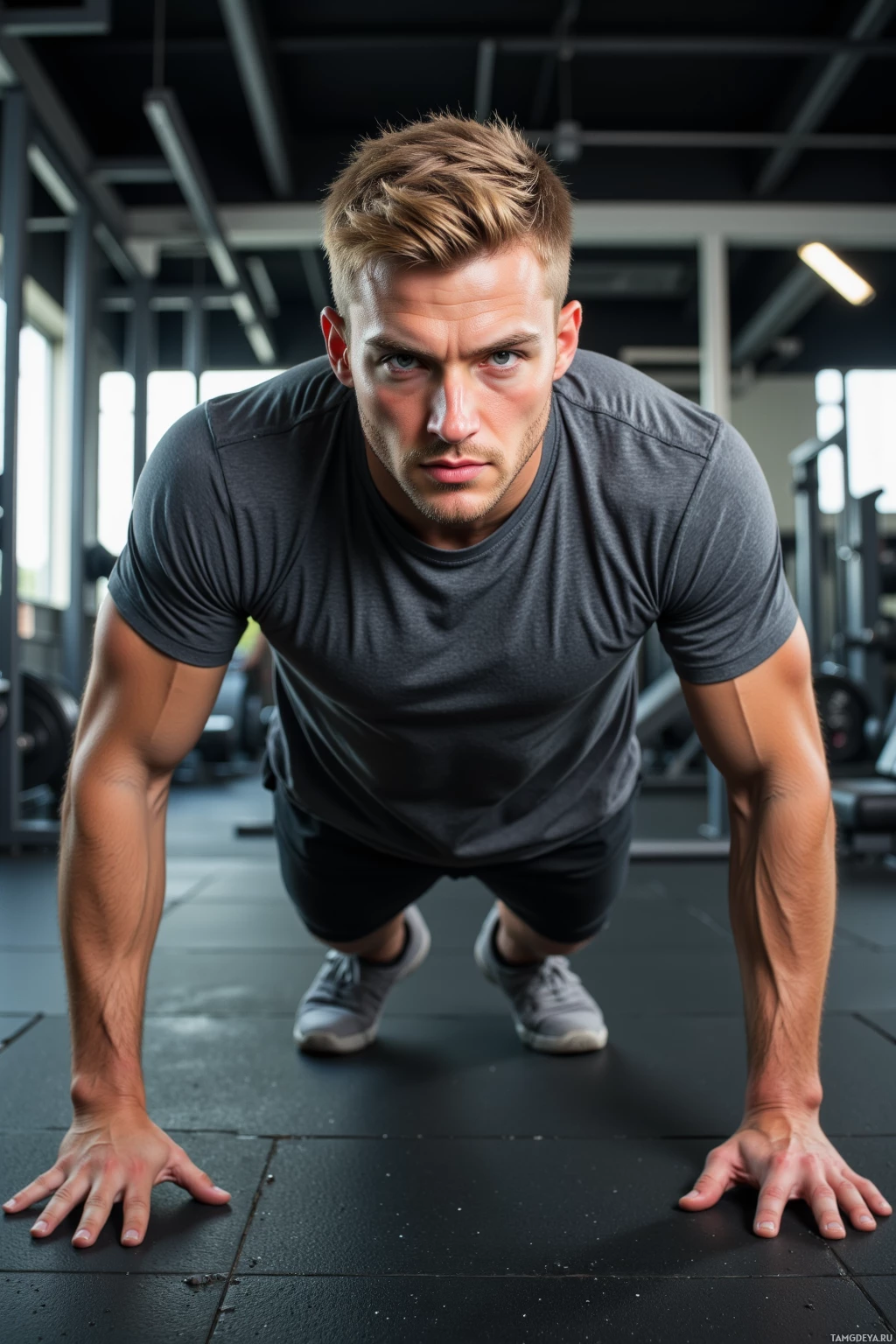 A man in a gym is in a plank position.