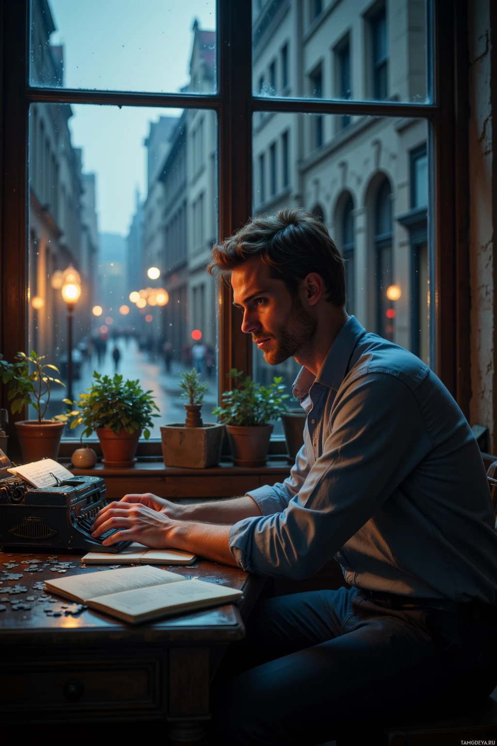 A man sits at a desk by a window, typing on a typewriter in a cozy, dimly lit room with potted plants and a view of a street.