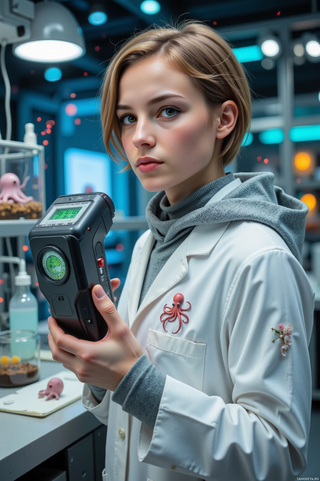 A person in a lab coat holds a device with a digital display, standing in a laboratory setting.