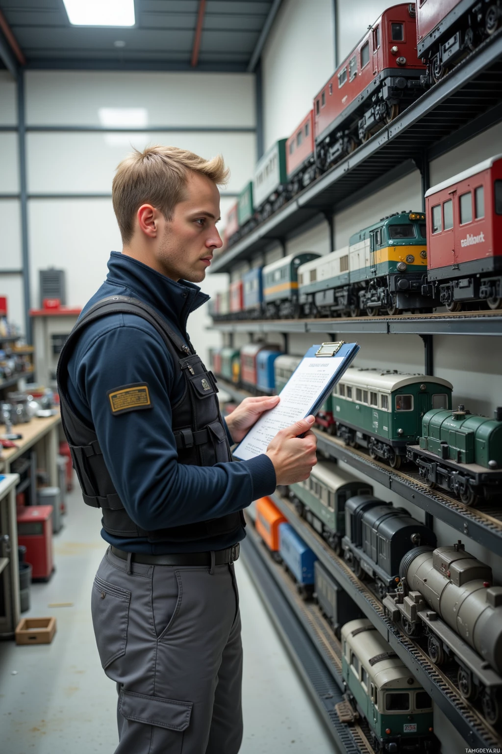A person in uniform stands in a model train workshop, holding a clipboard.