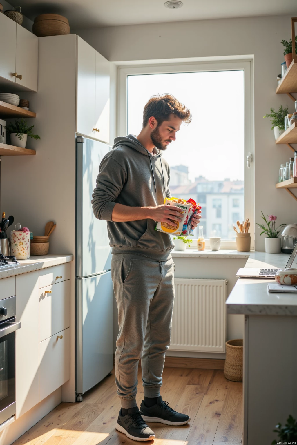 A man in a gray hoodie stands in a kitchen holding a snack packet, looking out the window.