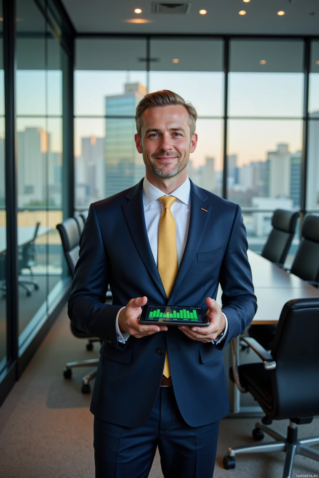 A man in a suit holds a tablet displaying a bar graph in a modern office setting.