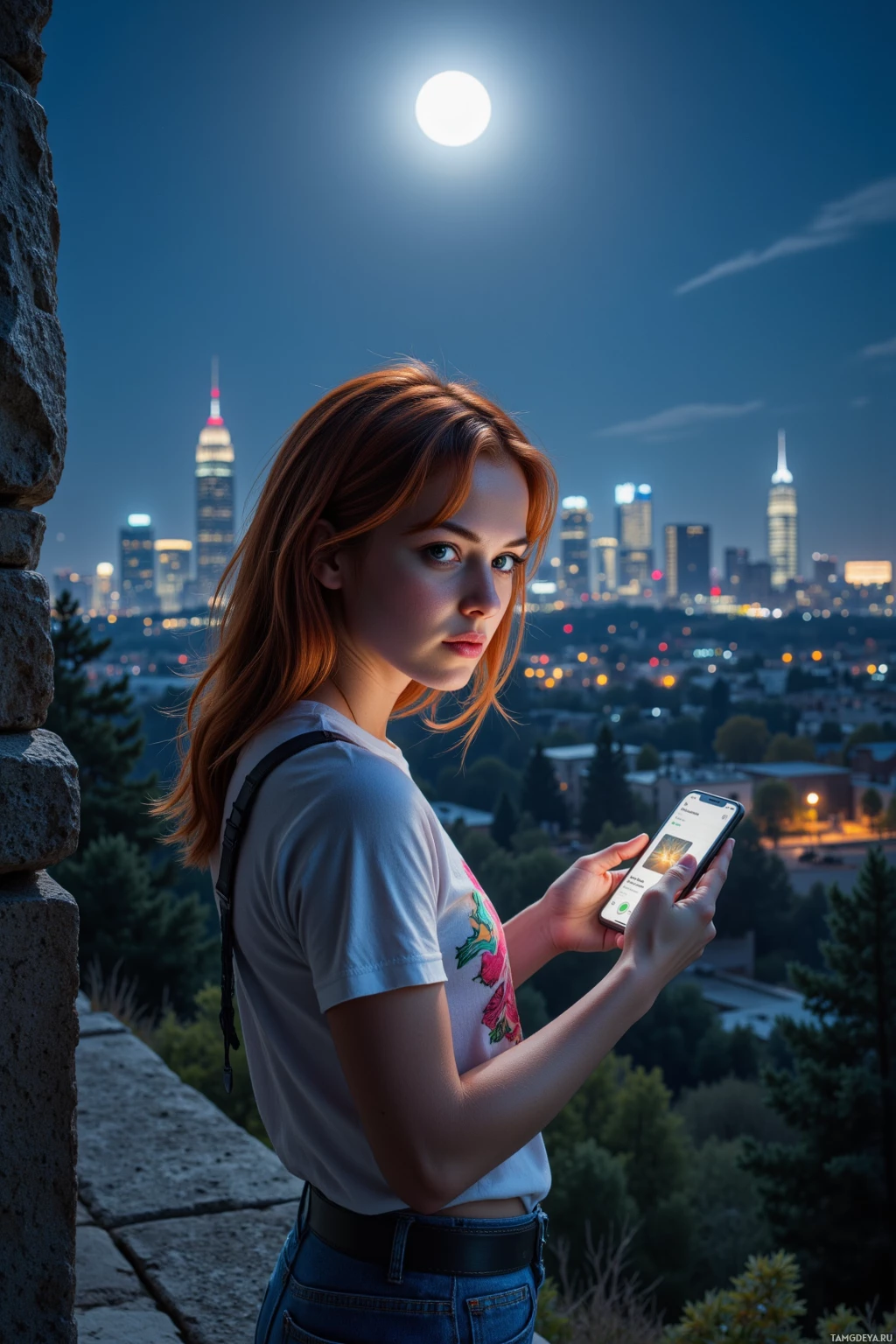 A person stands on a stone ledge overlooking a cityscape at night, holding a phone.