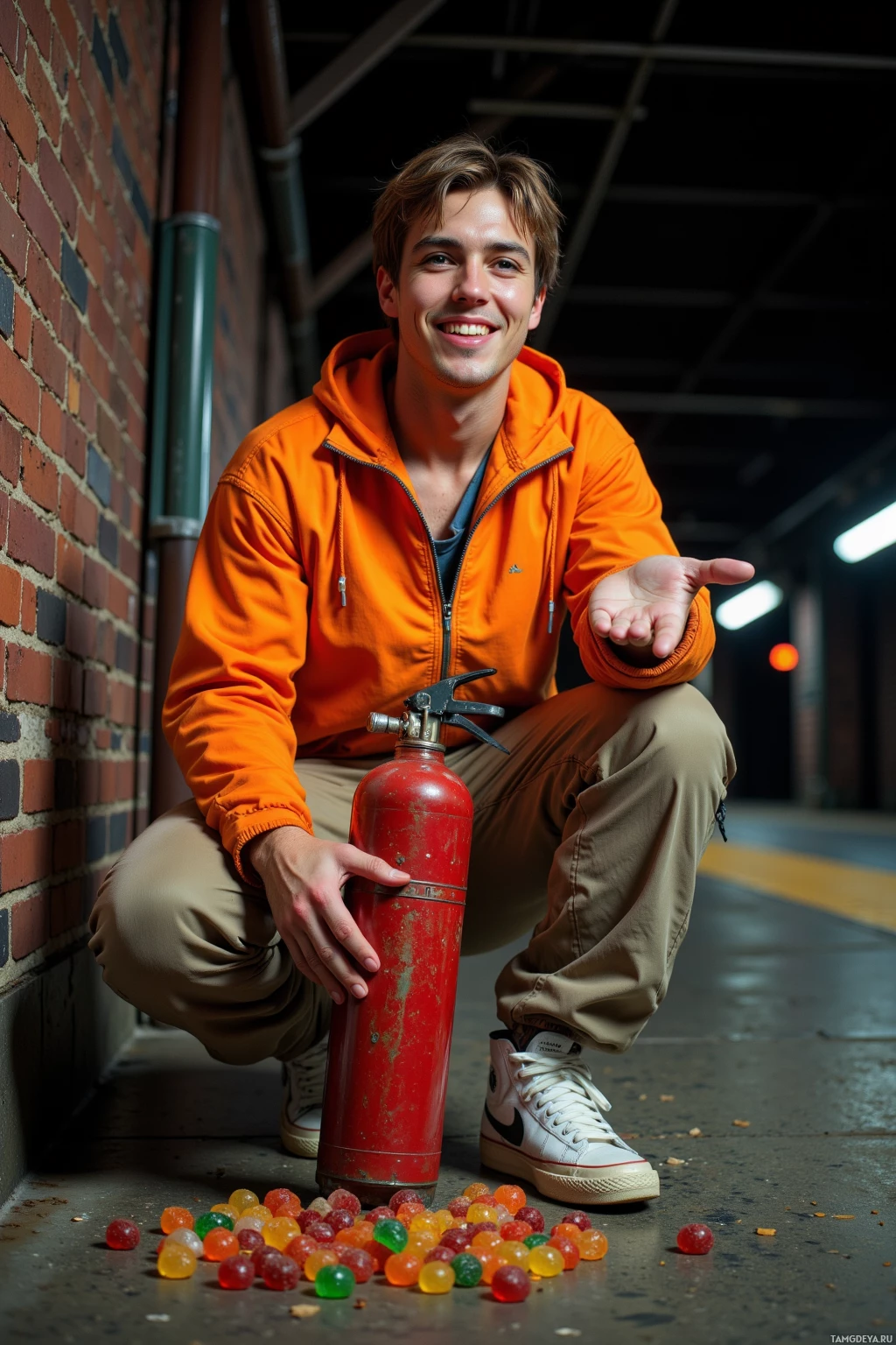 A person in an orange jacket and beige pants crouches beside a red fire extinguisher with scattered gummy candies on the ground.