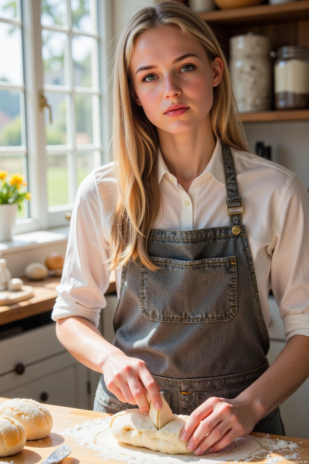 A person wearing an apron is preparing dough in a kitchen.