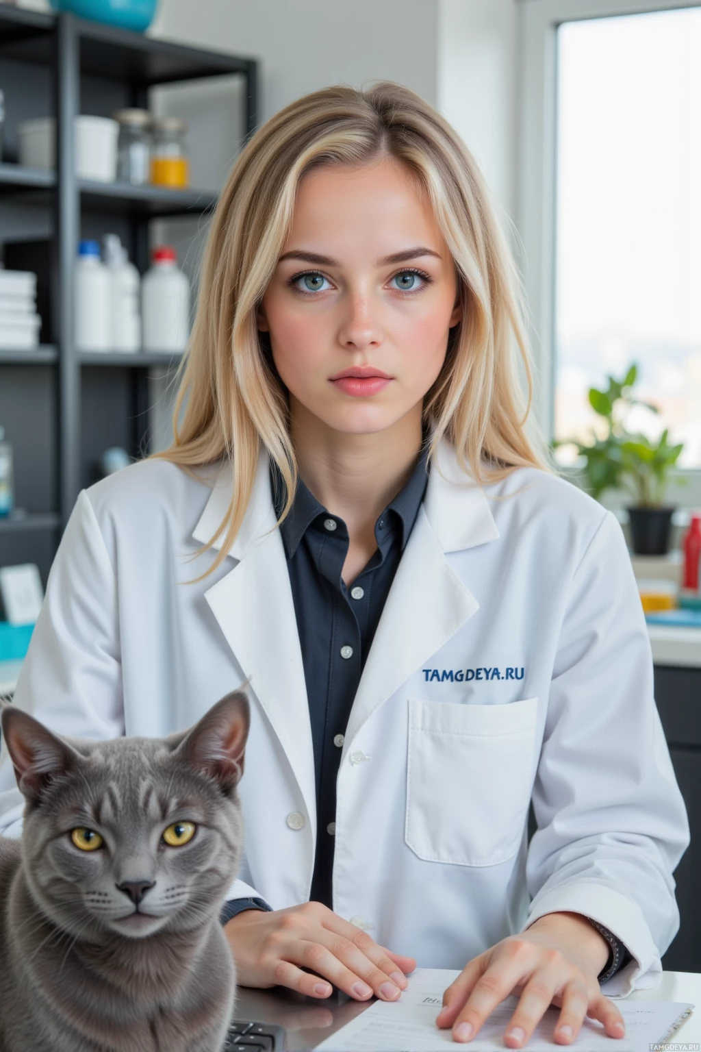 A woman in a lab coat sits at a desk with a cat beside her.
