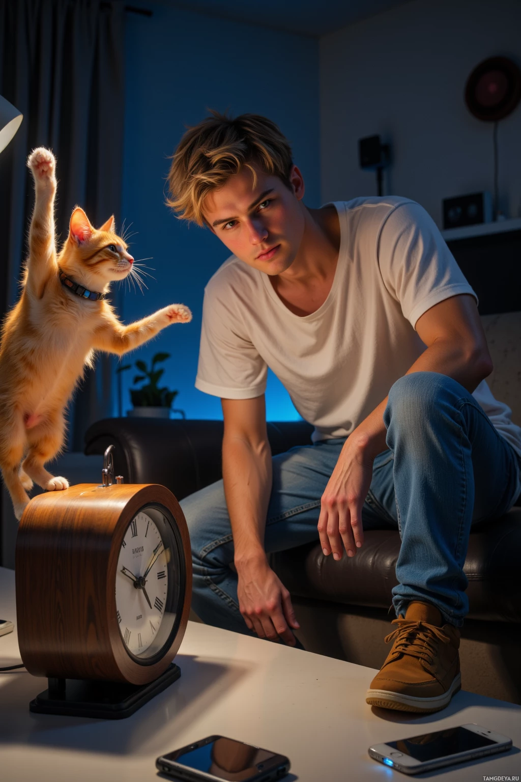 A person and a cat are in a dimly lit room with a clock and a phone on a table.
