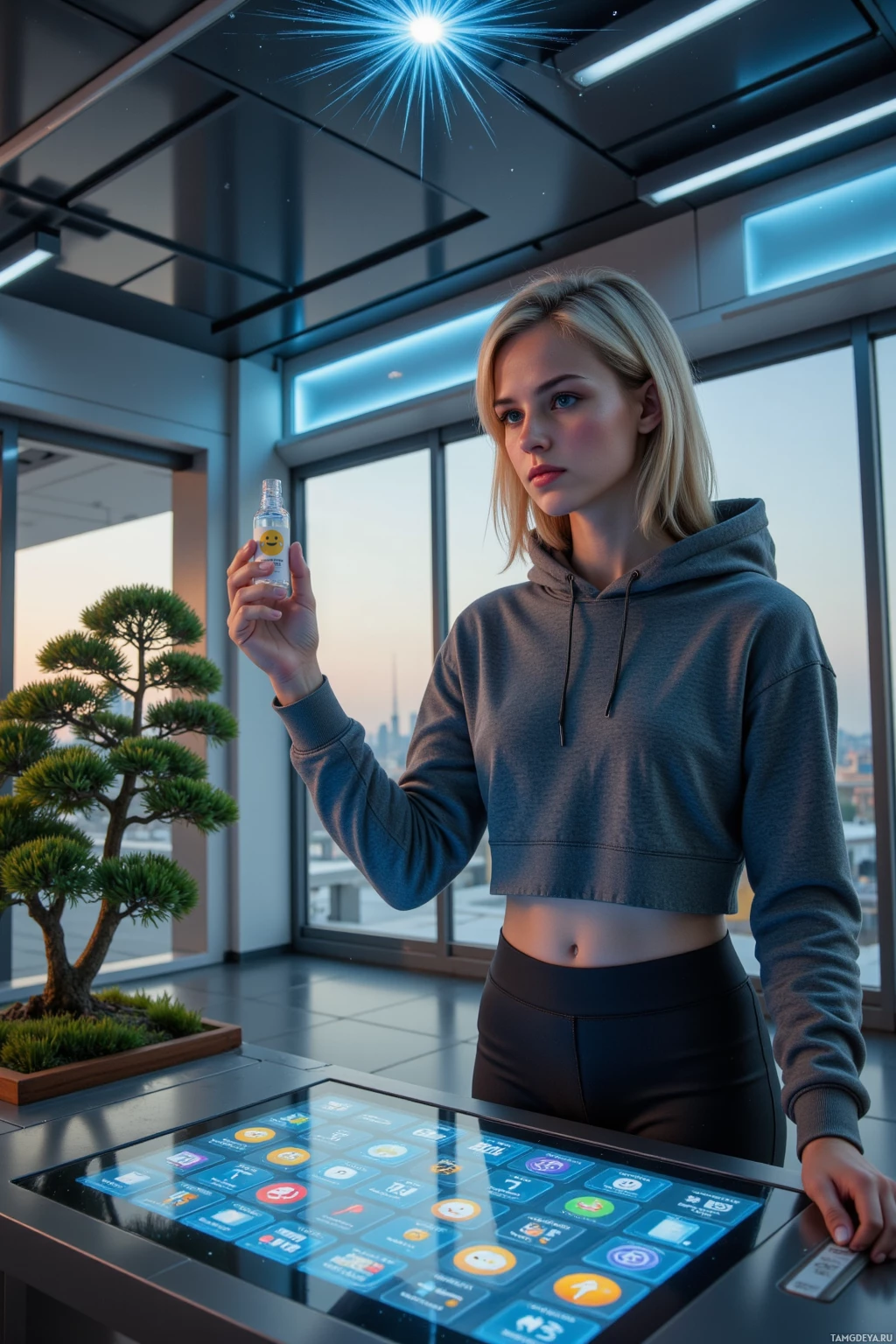 A person in a hoodie stands in a modern room, holding a bottle and interacting with a digital table.