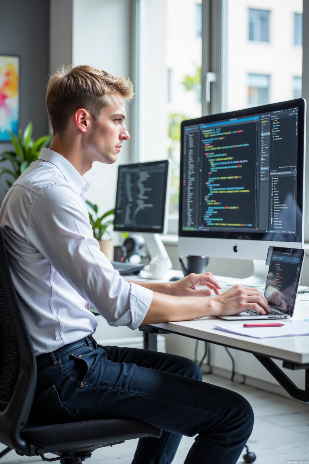 A person is working at a desk with multiple monitors displaying code, wearing a white shirt and jeans.