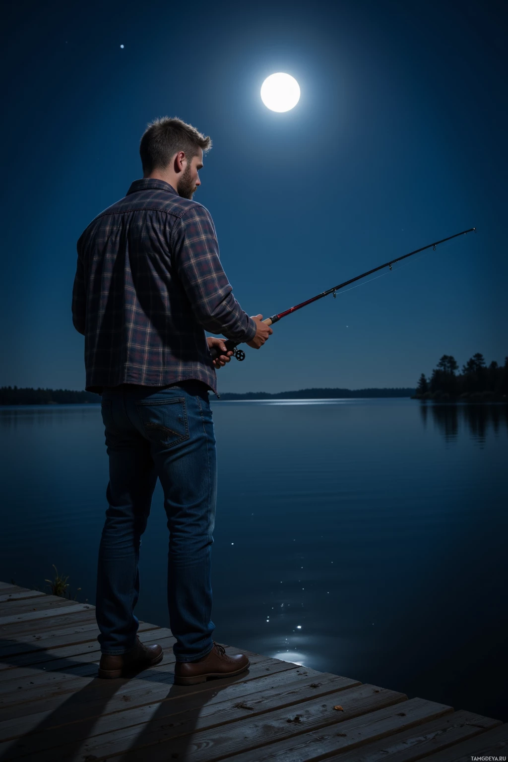 A man fishing on a dock under a full moon.