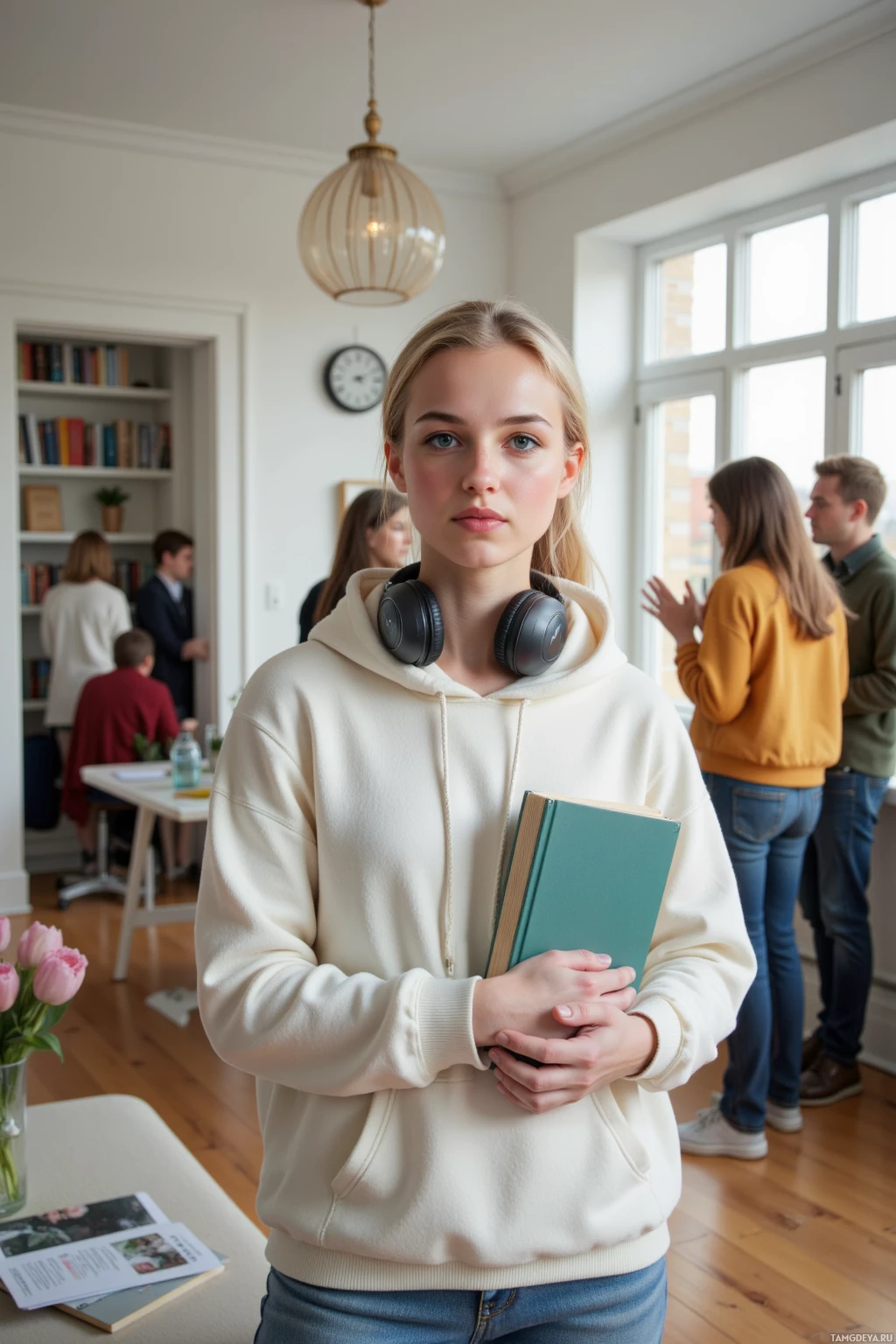 A young person wearing a hoodie and headphones stands in a room with others, holding a book.