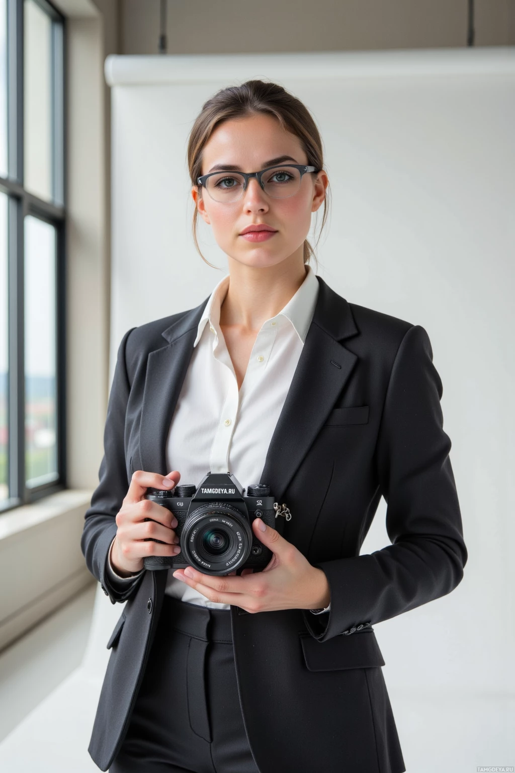 A woman in a professional outfit holds a camera.