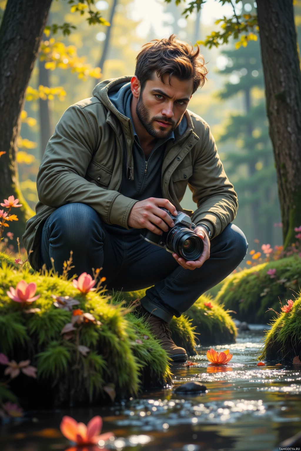 A man crouches by a stream in a forest, holding a camera.