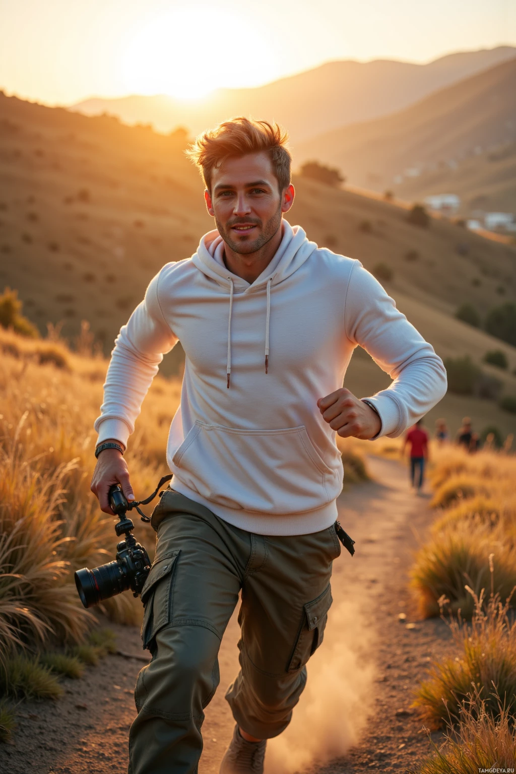 A man in a hoodie and cargo pants runs along a dirt path with a camera, set against a backdrop of hills and sunset.