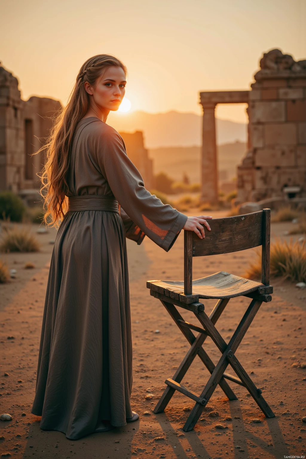 A woman in a long dress stands beside a wooden chair in a desert setting with ruins and a sunset in the background.
