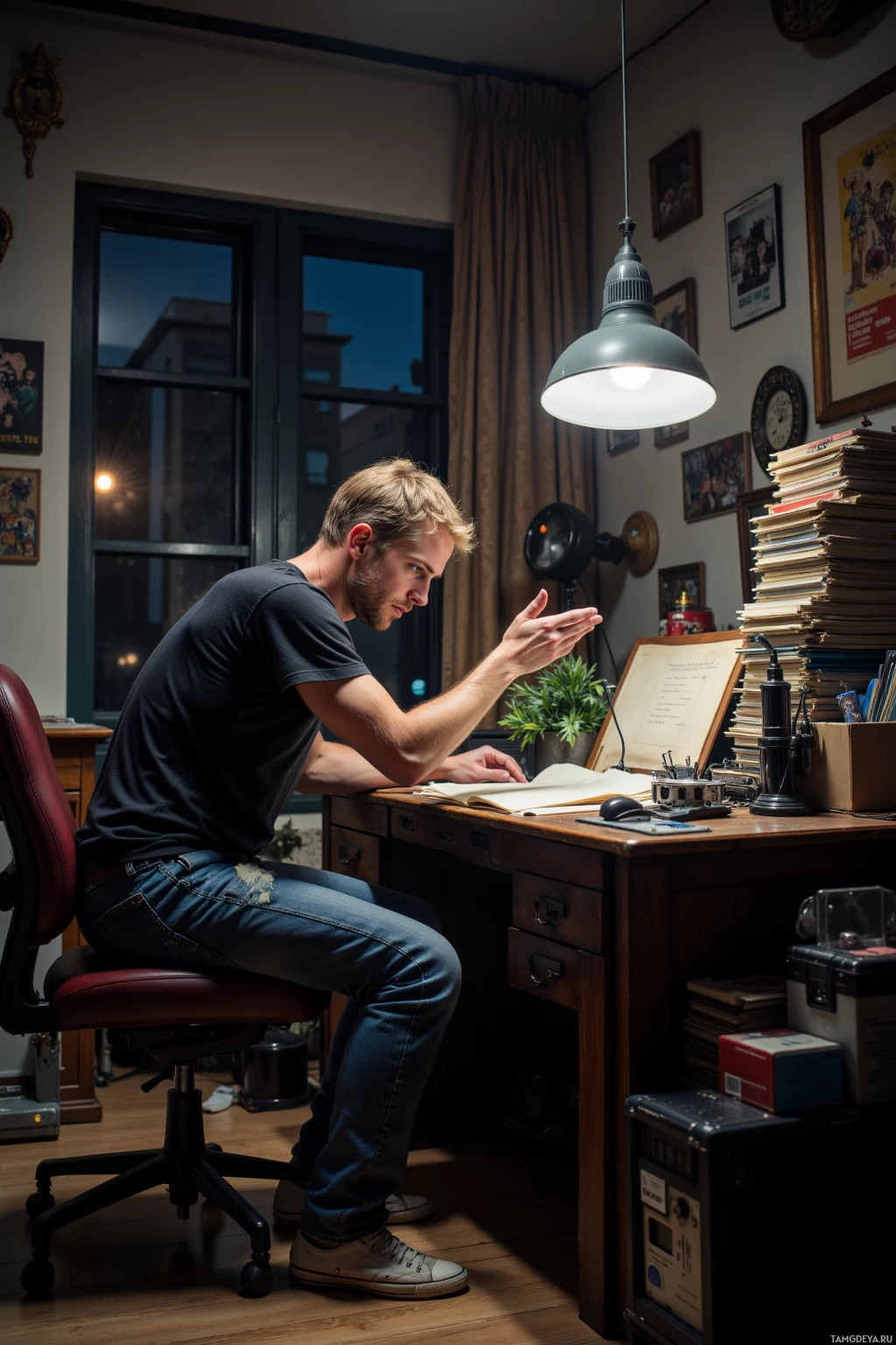 A man sits at a desk in a dimly lit room, illuminated by a hanging lamp, surrounded by books and framed pictures.