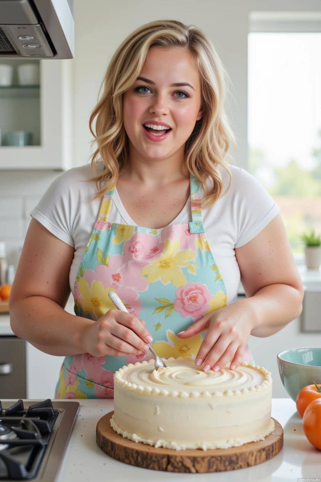 A person in a floral apron decorates a cake in a kitchen.