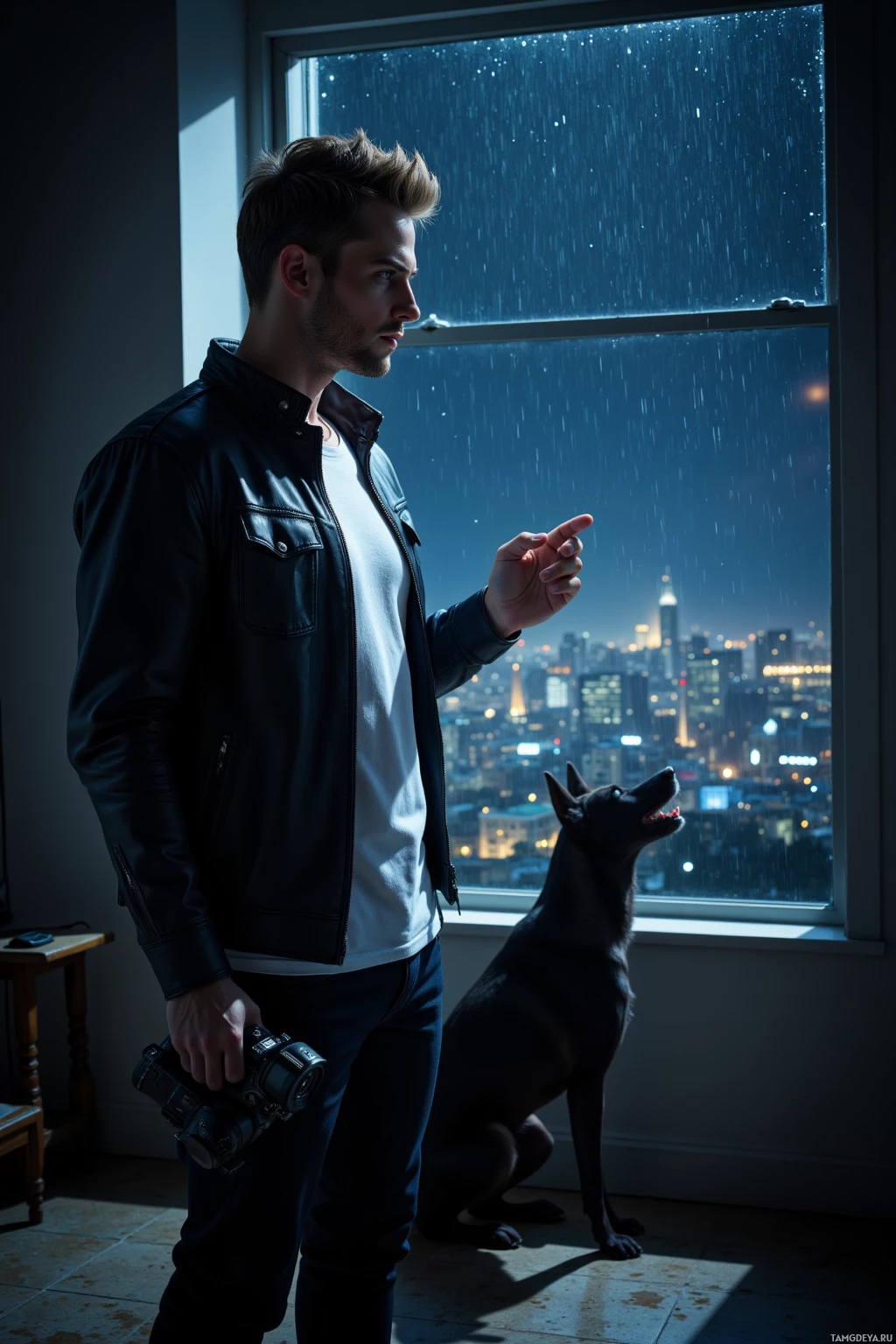 A man in a leather jacket stands by a window, holding a camera, with a dog sitting beside him, looking out at a cityscape at night.