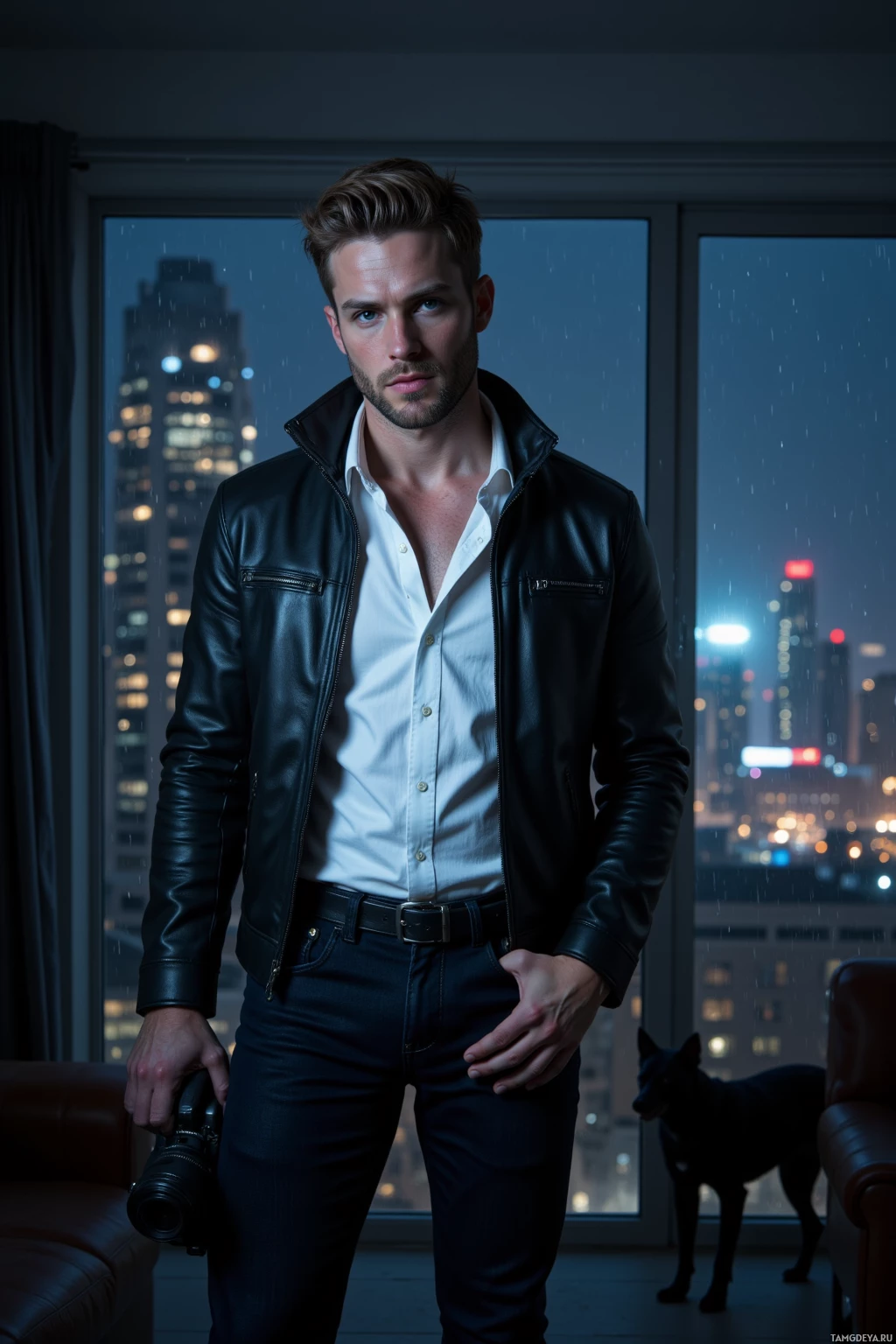 A man in a leather jacket and white shirt stands indoors with a camera, against a backdrop of a cityscape at night.