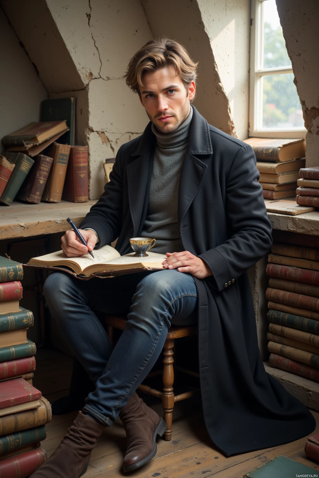 A man in a long coat and jeans sits on a stool, holding a pen and a book, with a stack of books and a window in the background.