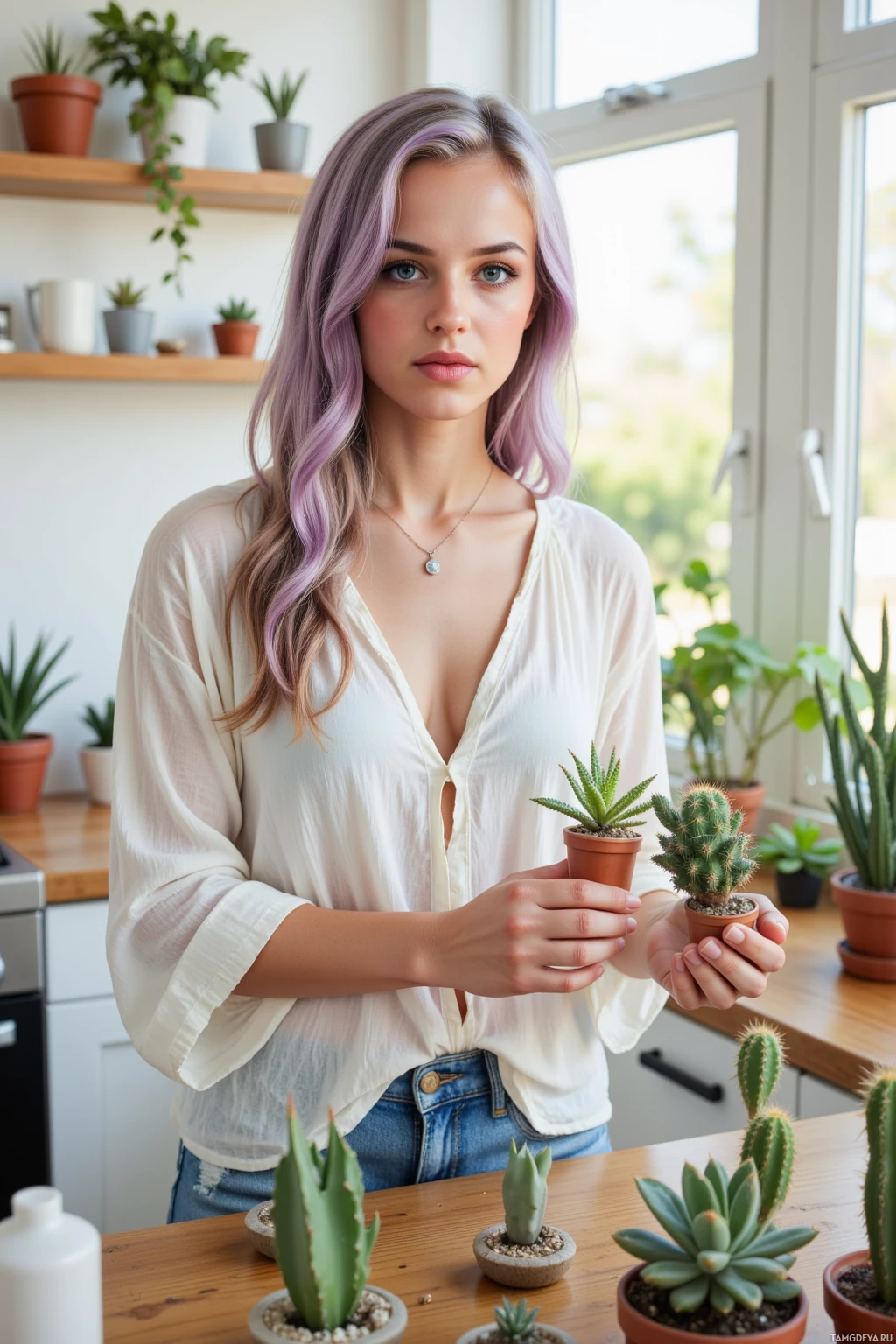 A woman with purple hair holds small potted plants in a bright, plant-filled room.