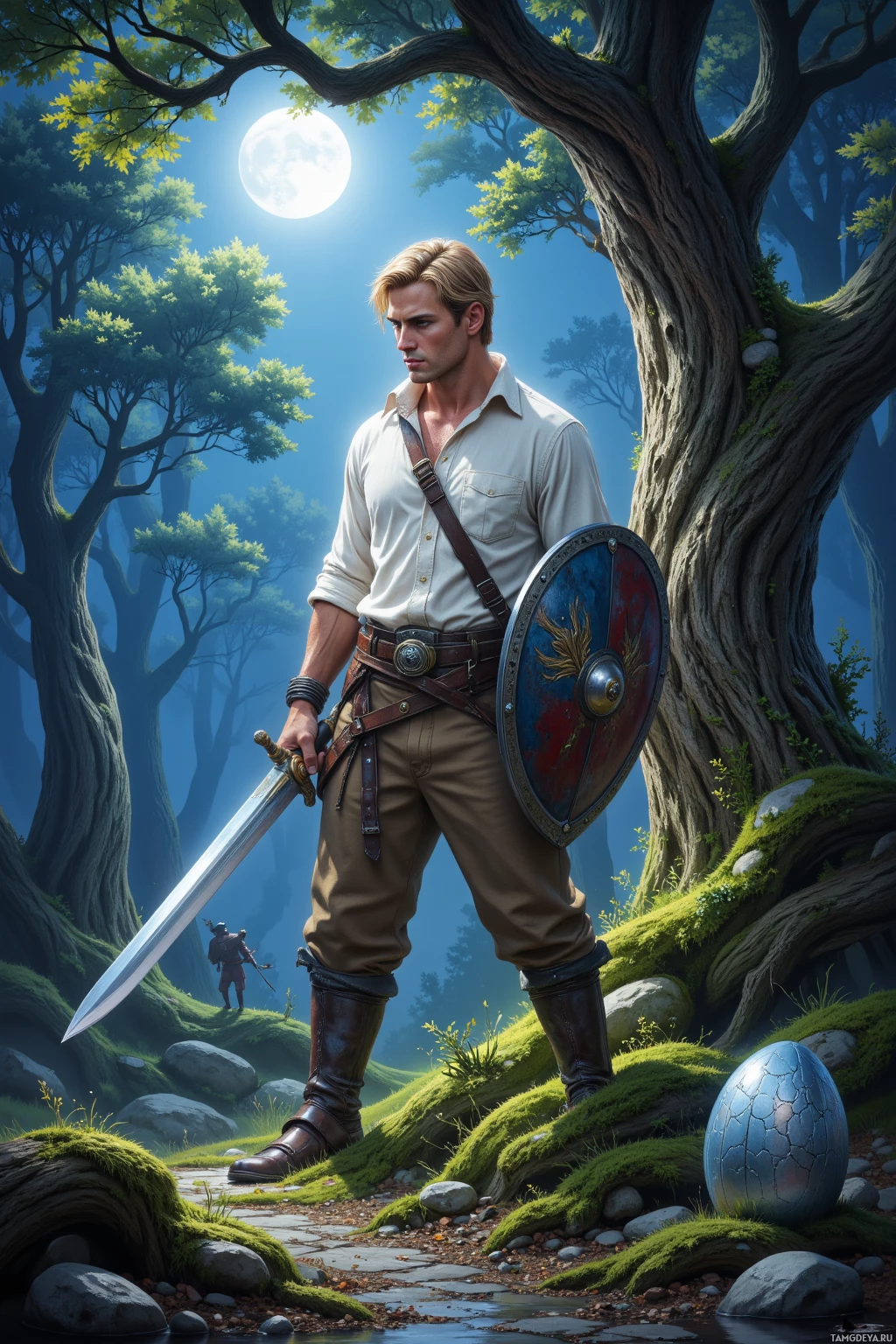 A knight stands in a forest under a full moon, holding a sword and shield.