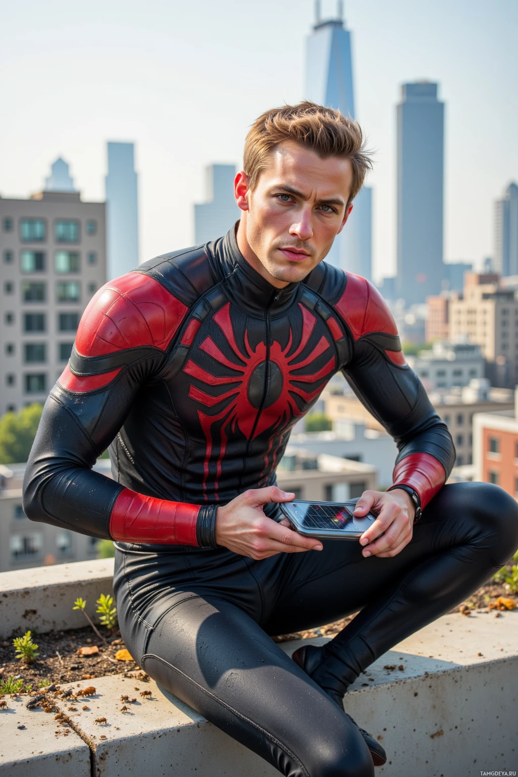 A person in a Spider-Man costume sits on a rooftop, holding a smartphone.