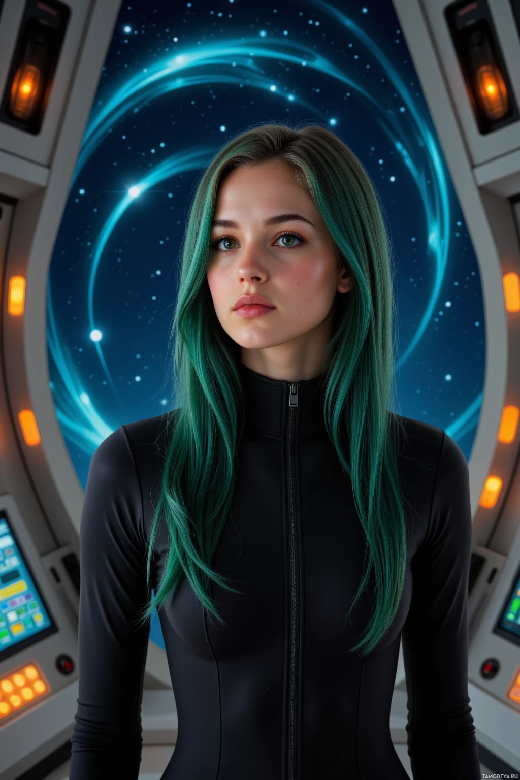 A person with green hair stands in a futuristic setting with glowing blue and orange lights.