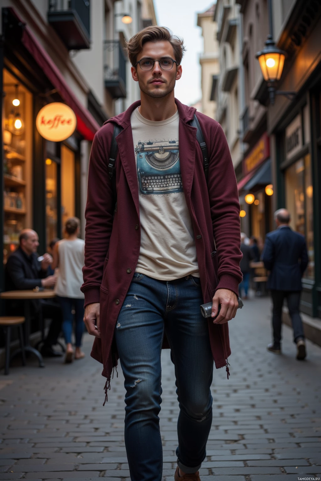 A man walks down a cobblestone street in an urban setting, wearing a maroon jacket, white t-shirt, and jeans.