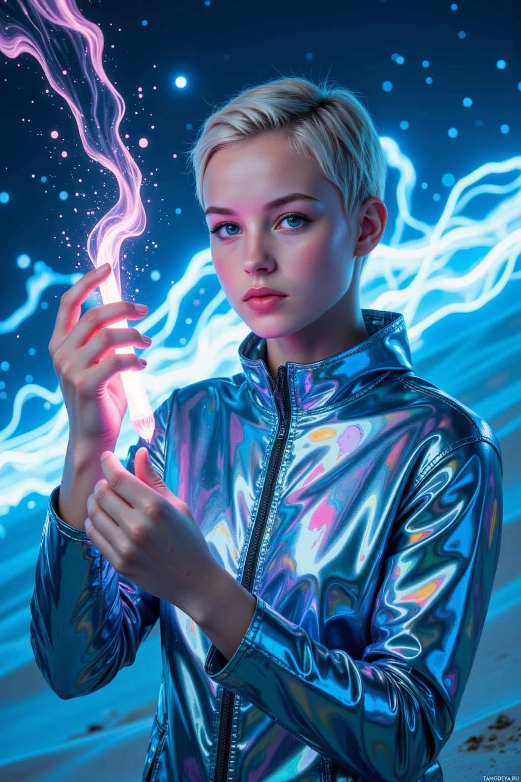 A person in a shiny, metallic jacket holds a glowing object against a vibrant, cosmic background.