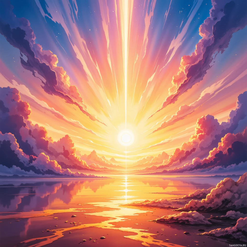 A vibrant sunset with radiant beams of light and colorful clouds reflected in a calm body of water.