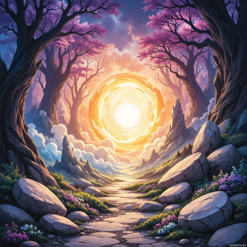 A serene landscape with a path leading through a forest of pink-flowered trees towards a glowing sun.